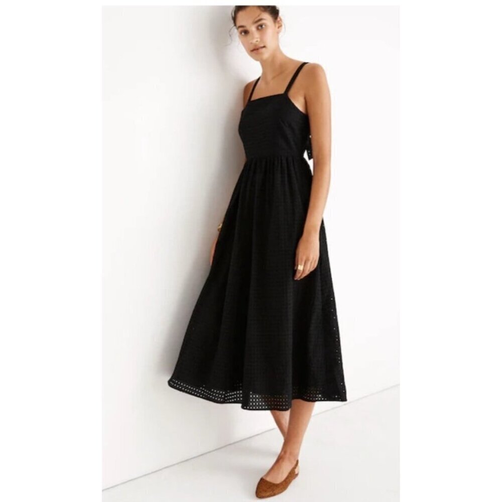 Madewell Black Eyelet Bow Back Midi Dress Cotton Size 4 Spaghetti Straps